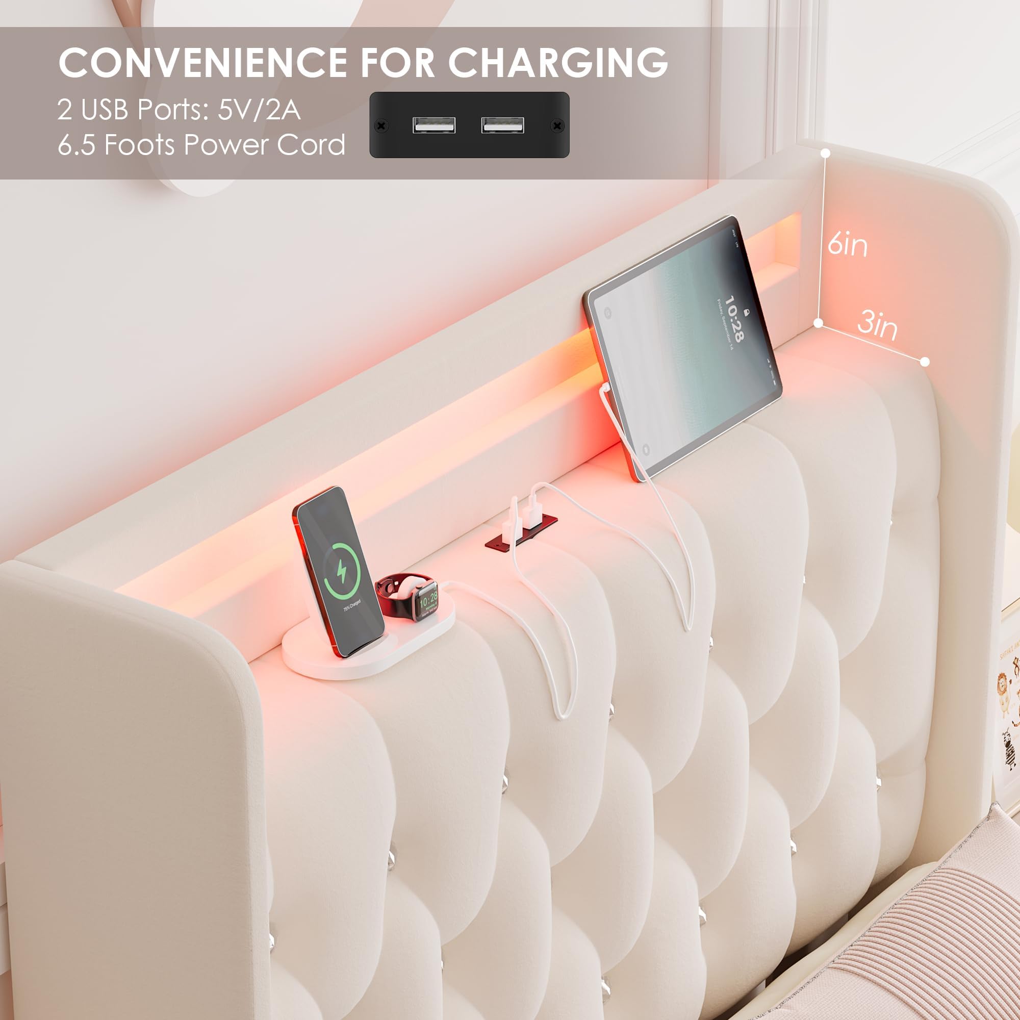 Twin LED Bed Frame with Charging Station & Storage Drawers