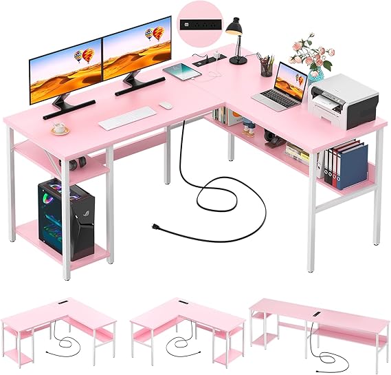L-Shaped Computer Desk with Power Outlets and USB Ports