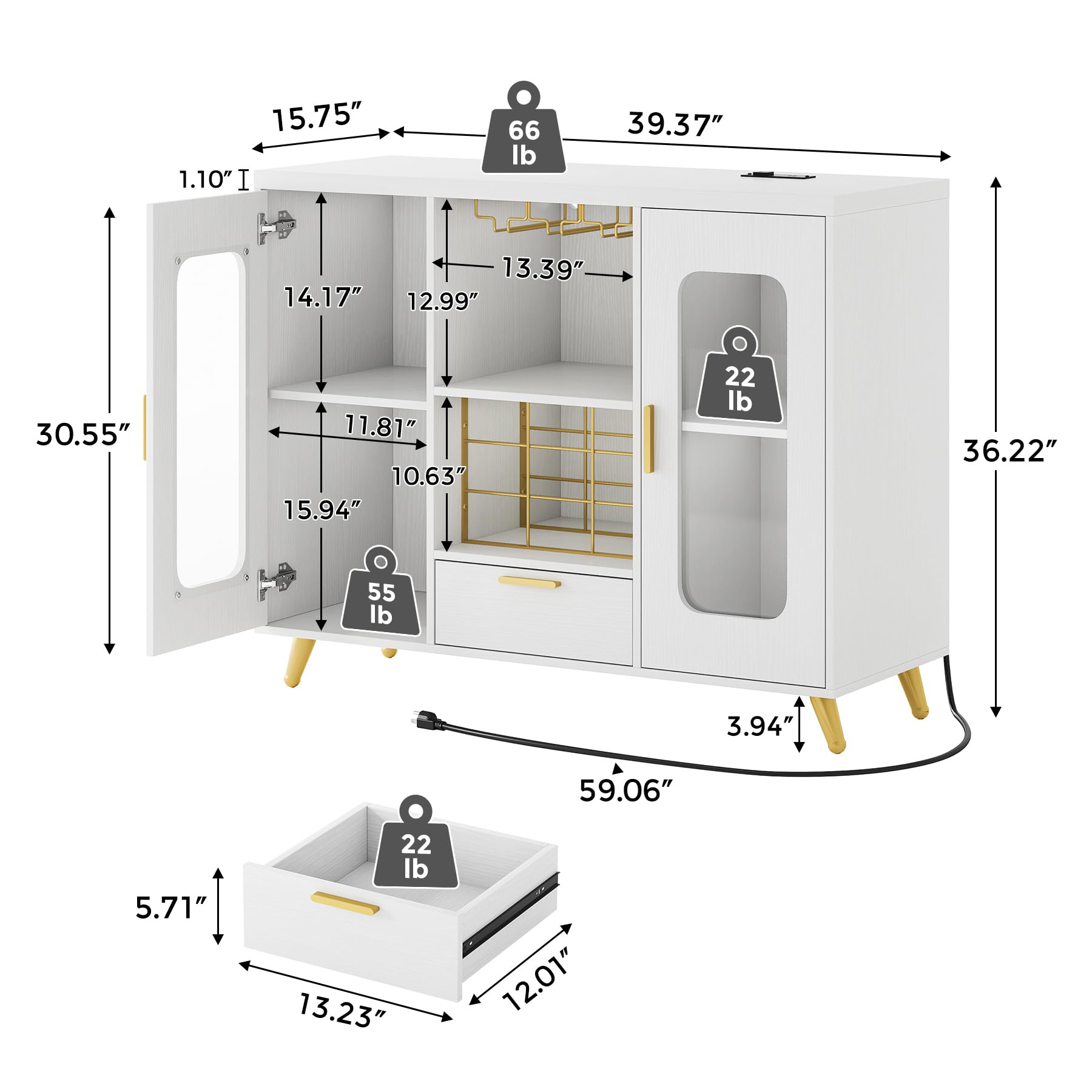 Bar Cabinet with Power Outlets & LED Light