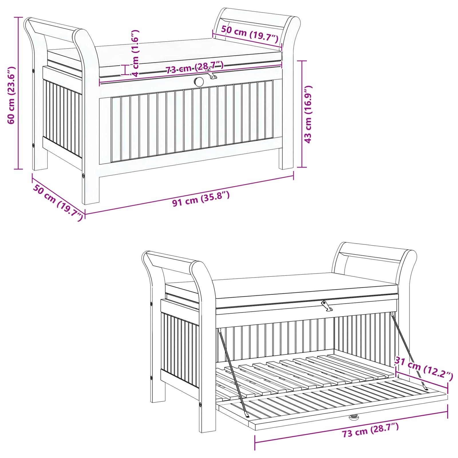 Garden Storage Bench with Cushion