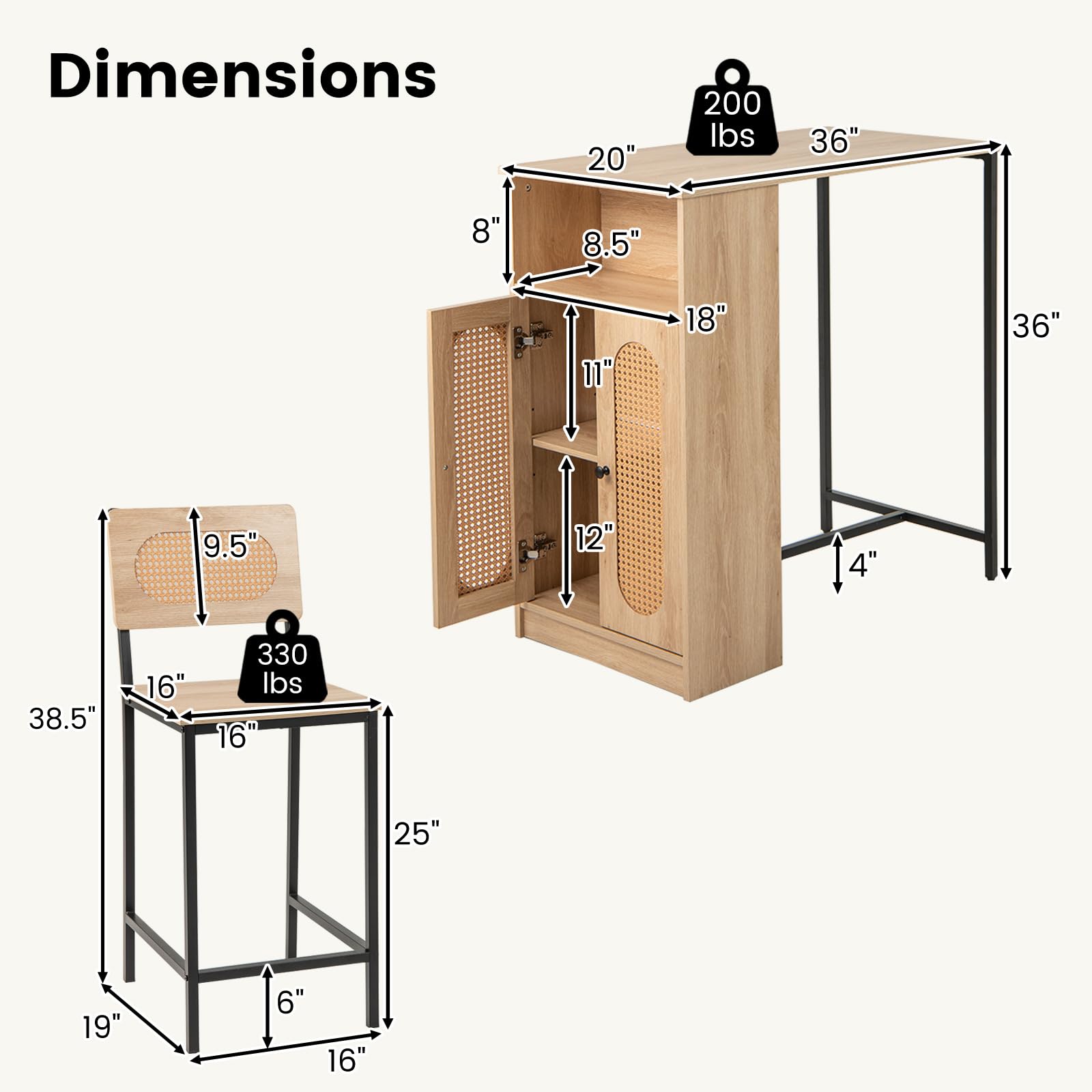 3-Piece Counter Height Bar Table Set with Storage