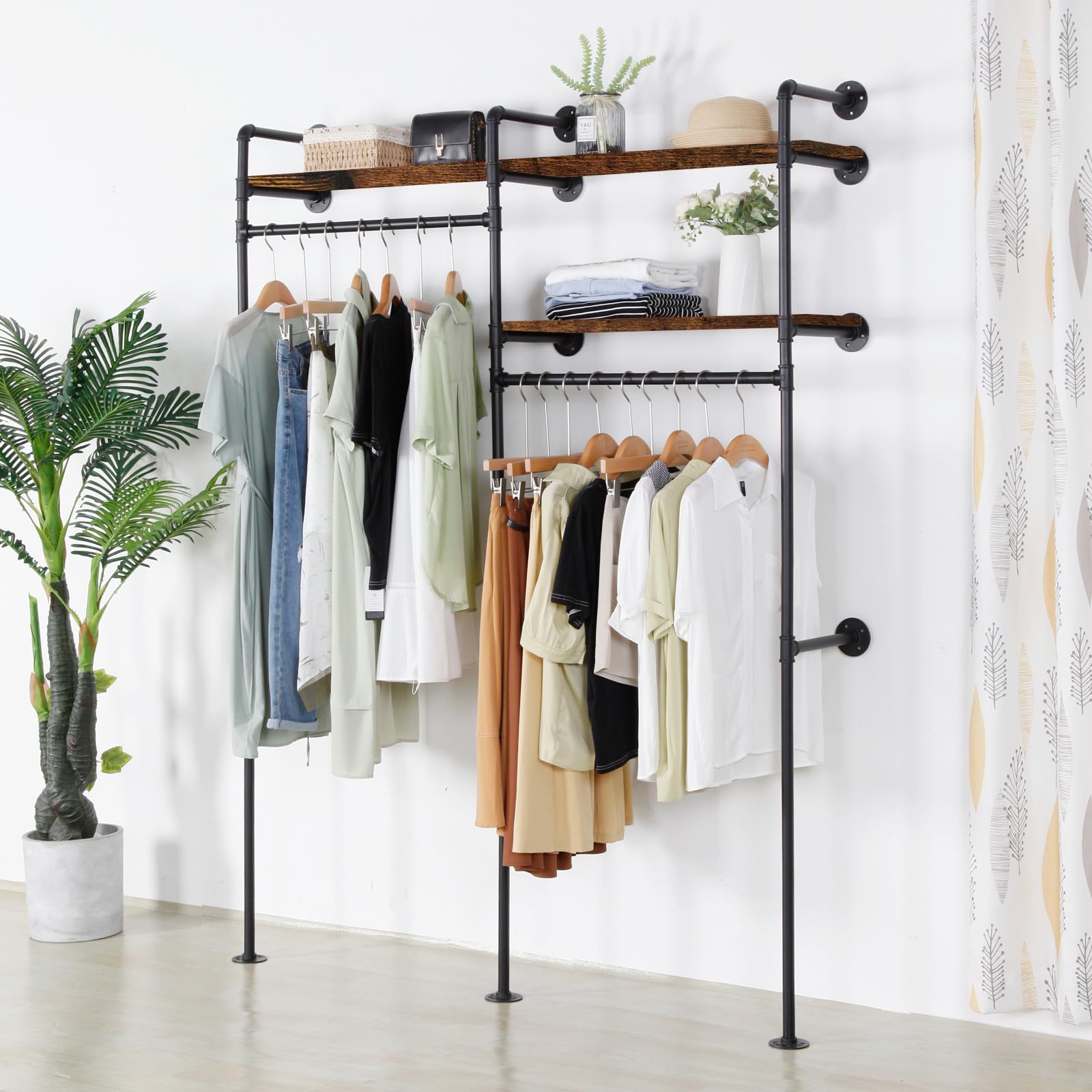 Industrial Wall-Mounted Clothing Rack with Shelves