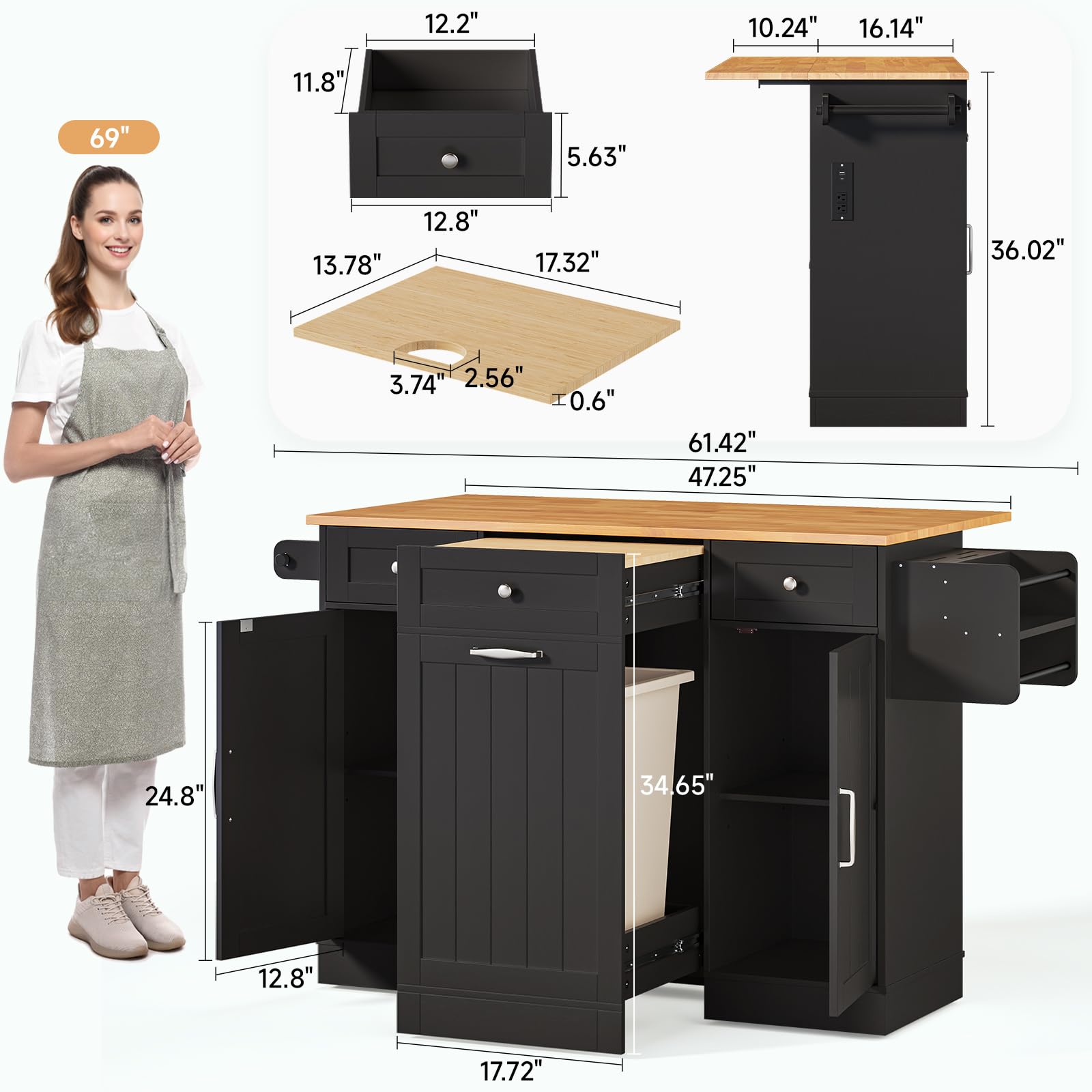 61" Kitchen Island Cart with Drop Leaf and Power Outlet
