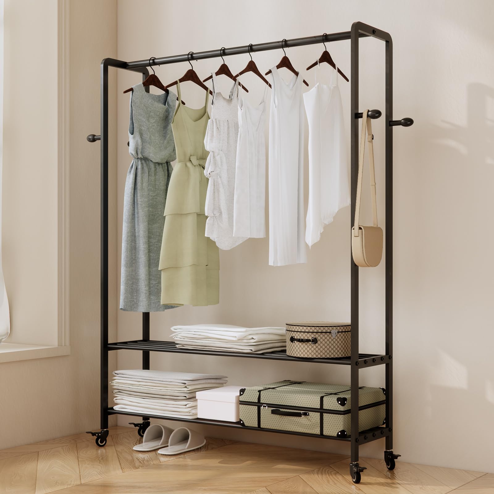 Rolling Garment Rack with Shelves and Hooks