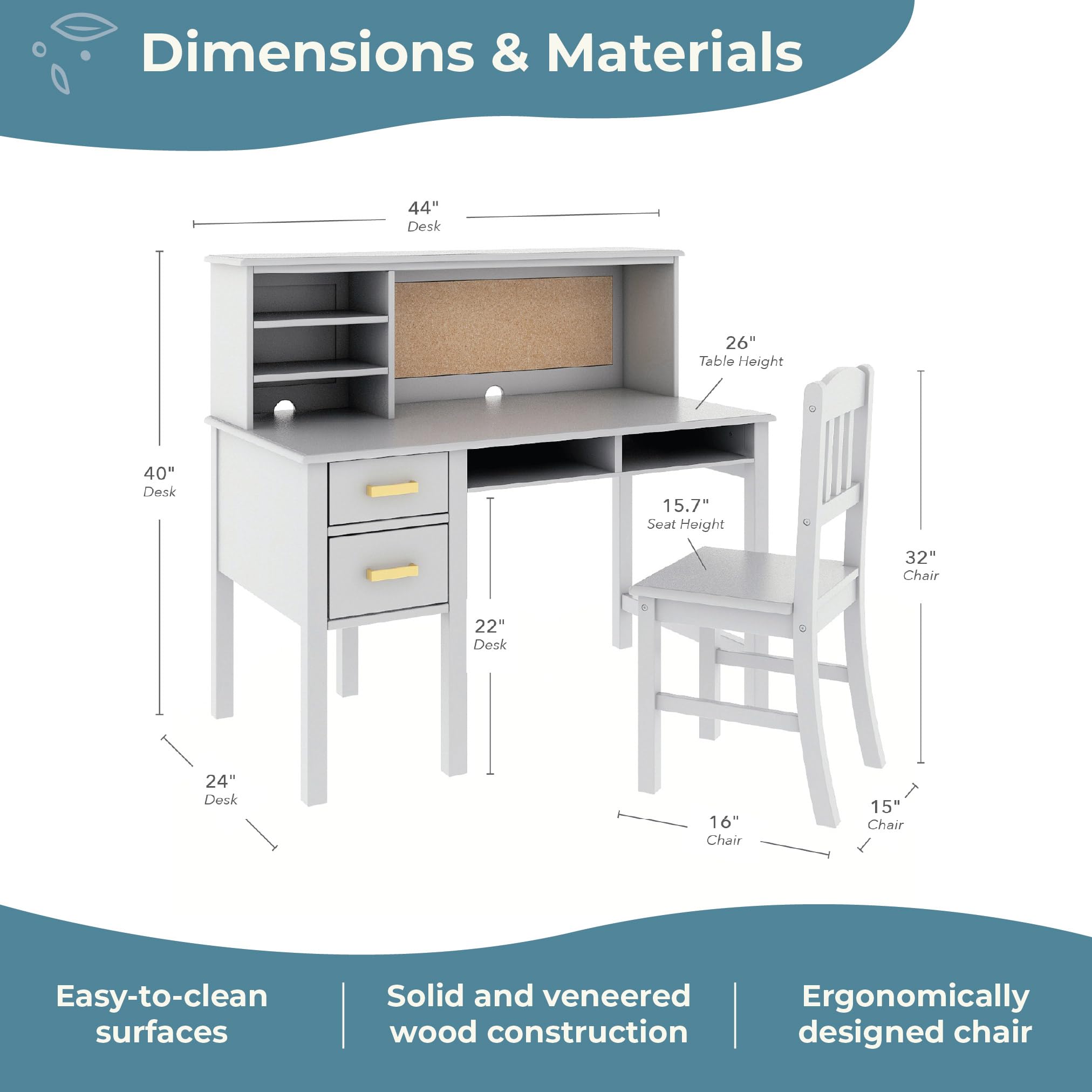 Taiga Kids Desk and Chair Set with Hutch - Gray