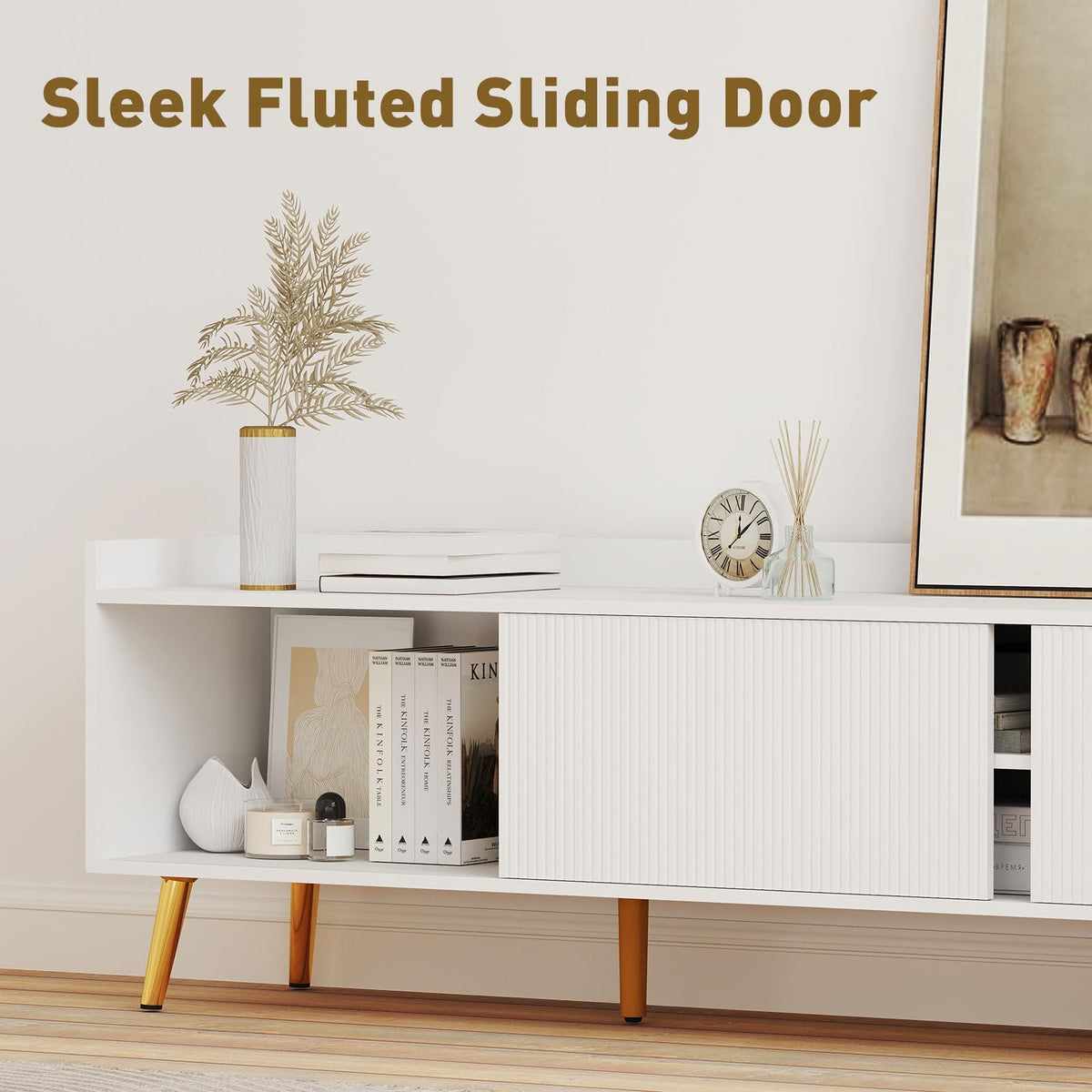 70 Fluted TV Stand with Sliding Doors and Storage