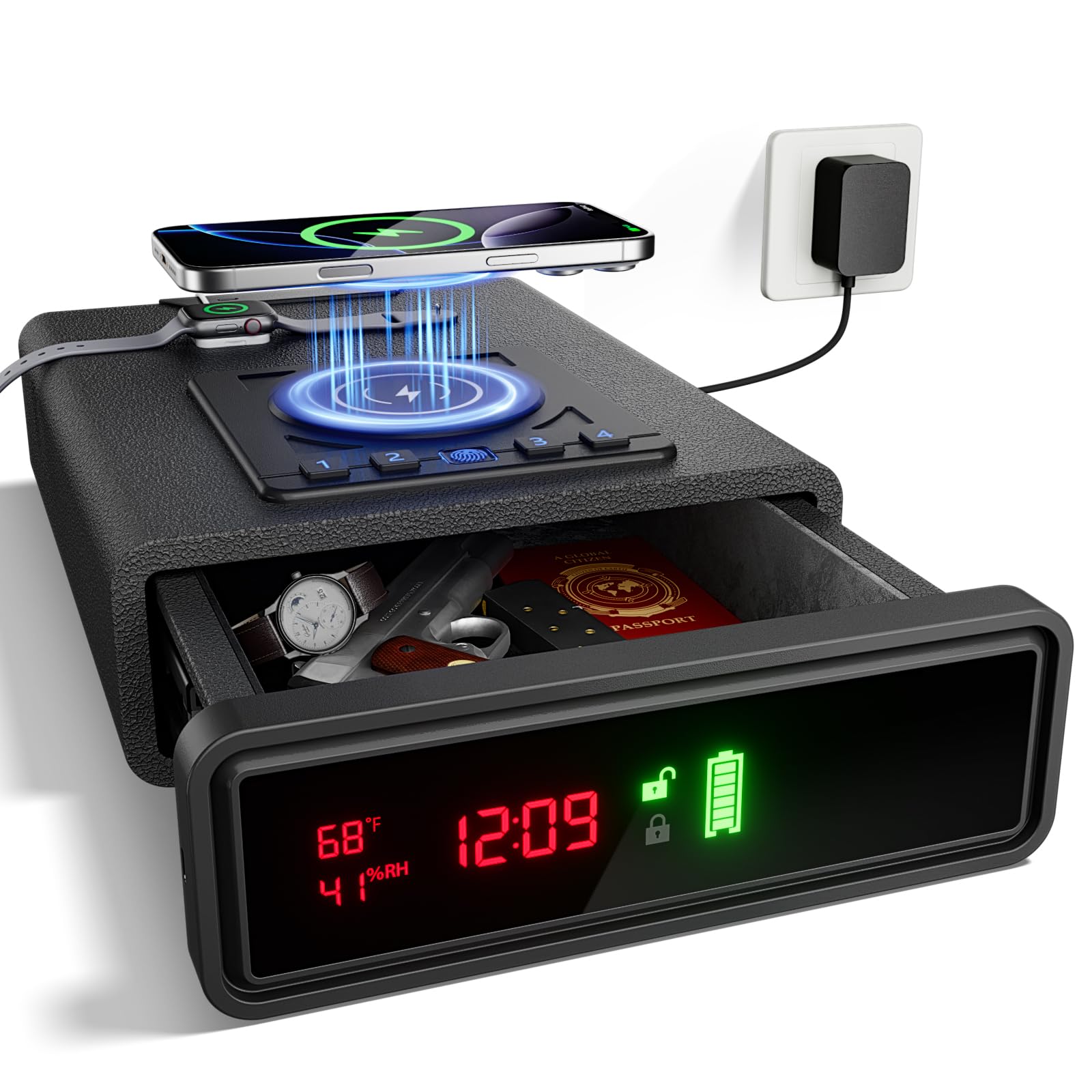 Biometric Smart Gun Safe with Wireless Charging and Digital Clock