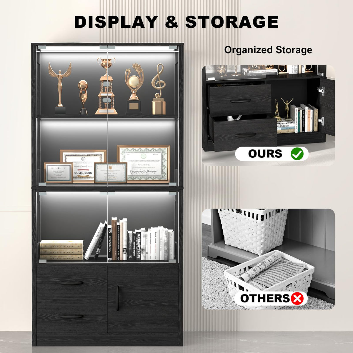 4-Tier Display Cabinet with Glass Doors and LED Lights