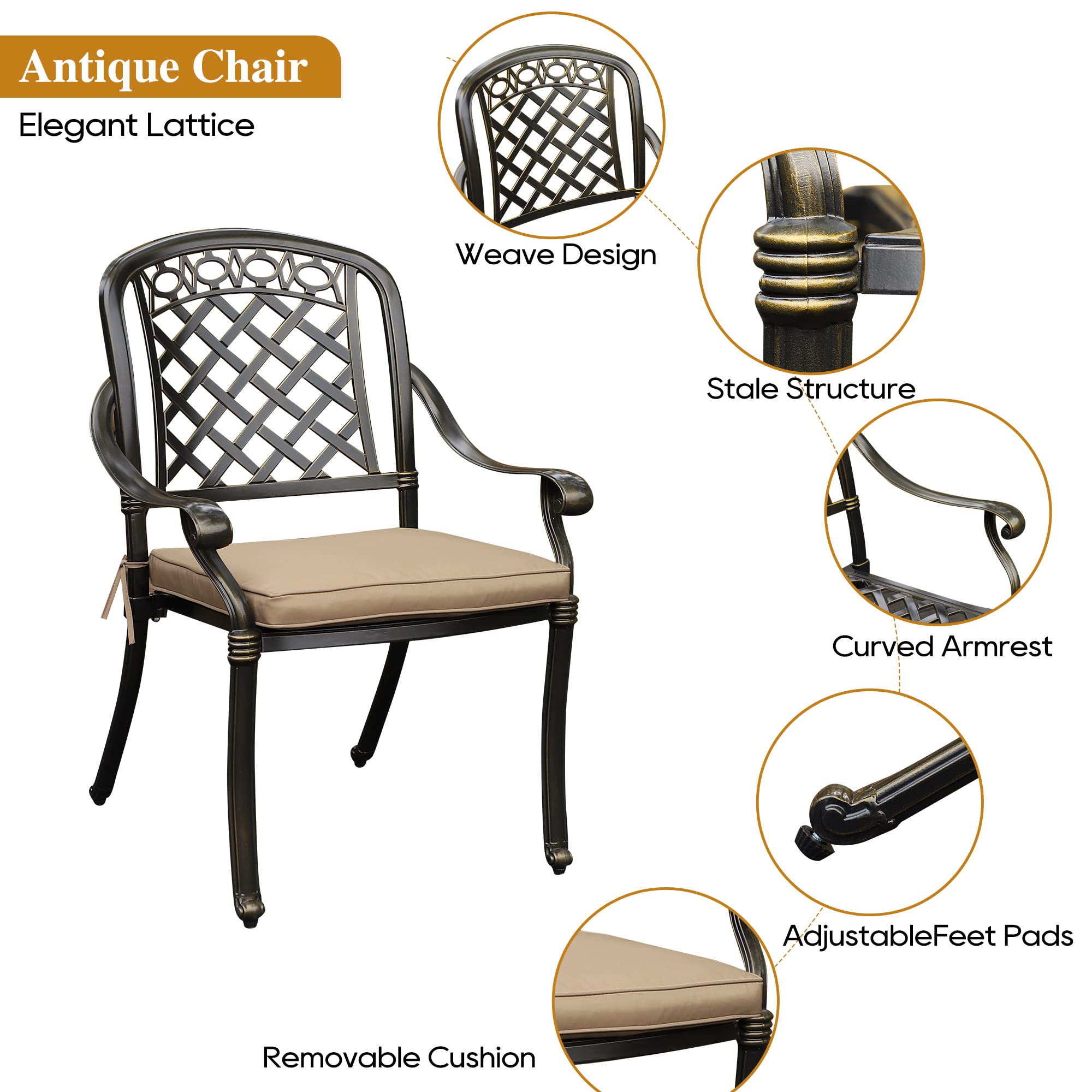 Sumshadow 5-Piece Cast Aluminum Outdoor Patio Dining Set, All Weather Cast Aluminum Outdoor Furniture Dining Set for Patio, Balcony, Lawn, Garden, Backyard w/4 Chairs and Cushions, 2.0" Umbrella Hole