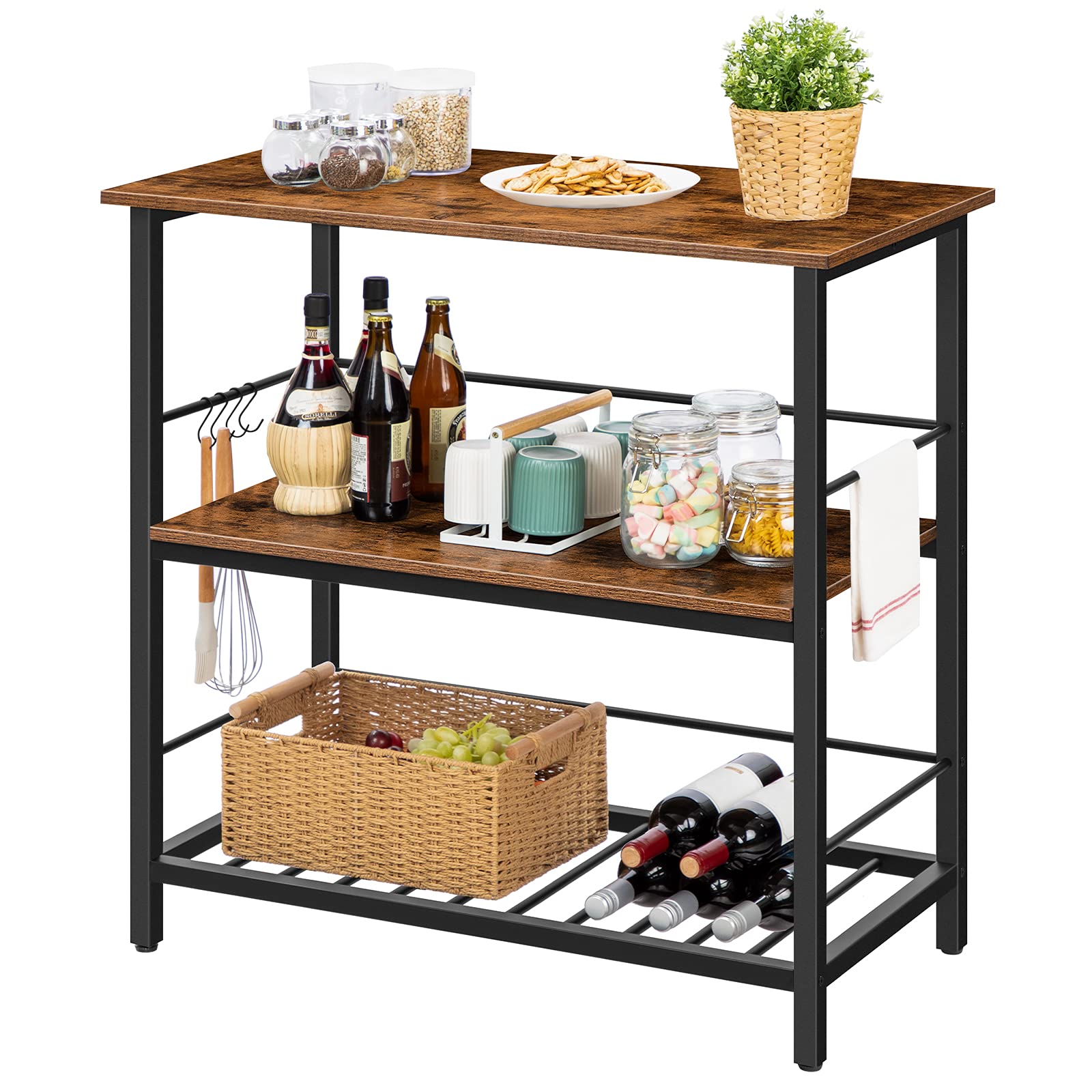 Kitchen Island with Wine Rack and Hooks