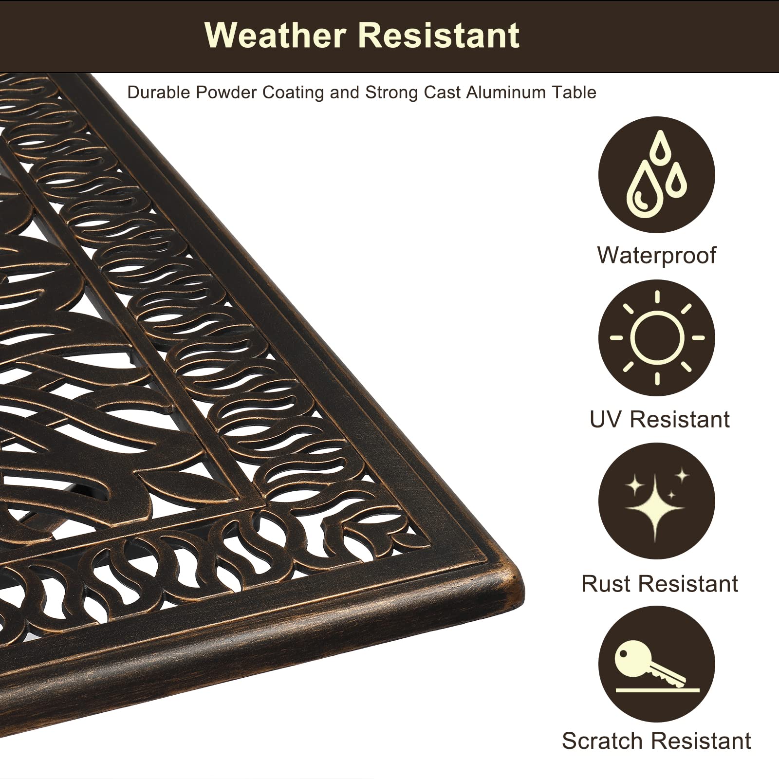 VINGLI 5 Pieces Outdoor Patio Dining Set, Cast Aluminium Patio Furniture Set with 4 Chairs and 1 Umbrella Table for Yard, Garden, Porch and Poolside, Bronze