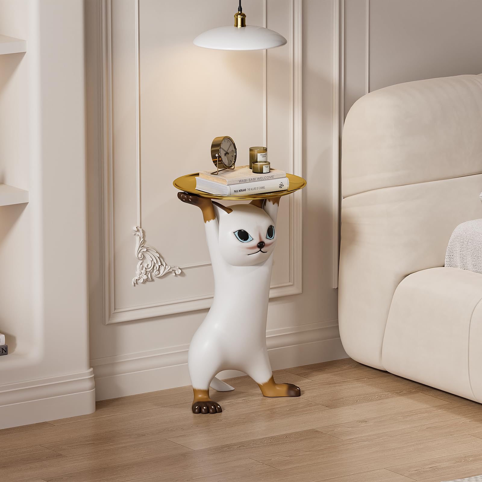 Whimsical Cat Statue Side Table with Gold Tray