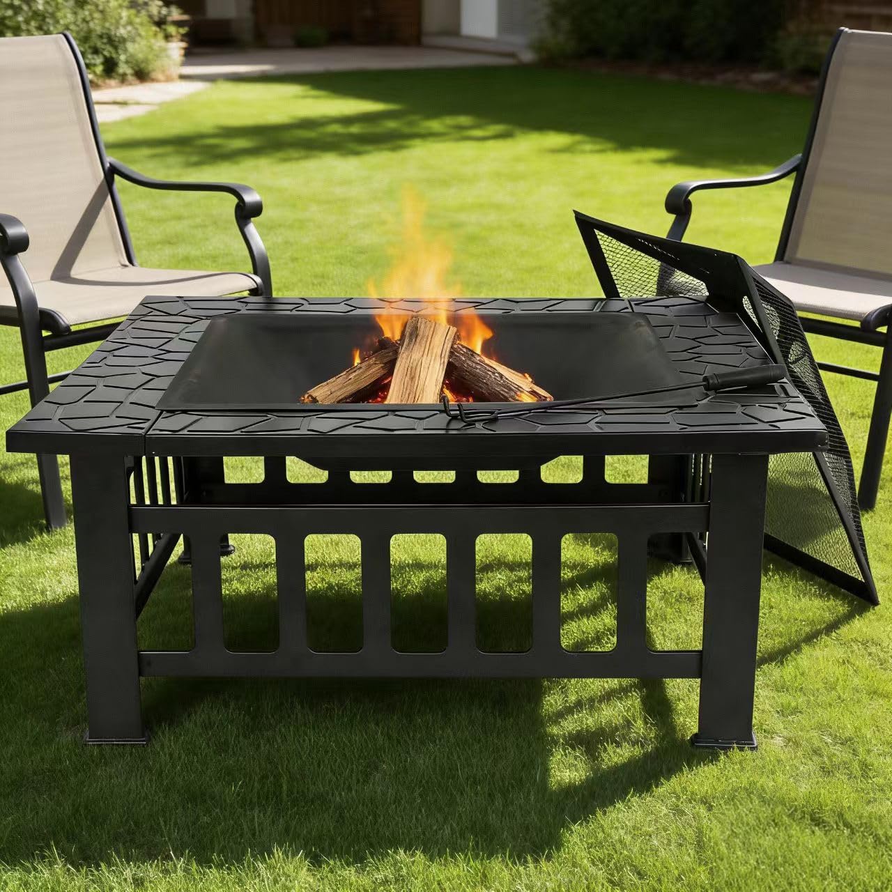 32 Inch Outdoor Fire Pit with Grill Wood Burning Square Metal