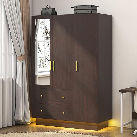 3 Door Wardrobe Closet with Mirror LED Lights Drawers Shelves