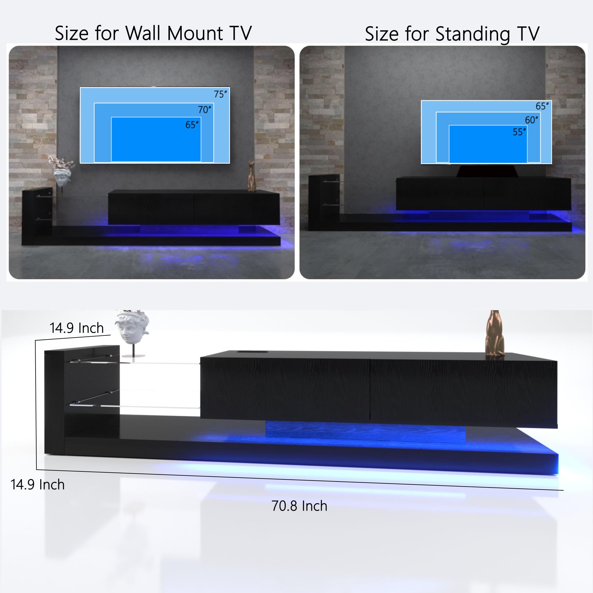 LED TV Stand with Asymmetrical Design and Tempered Glass Shelves