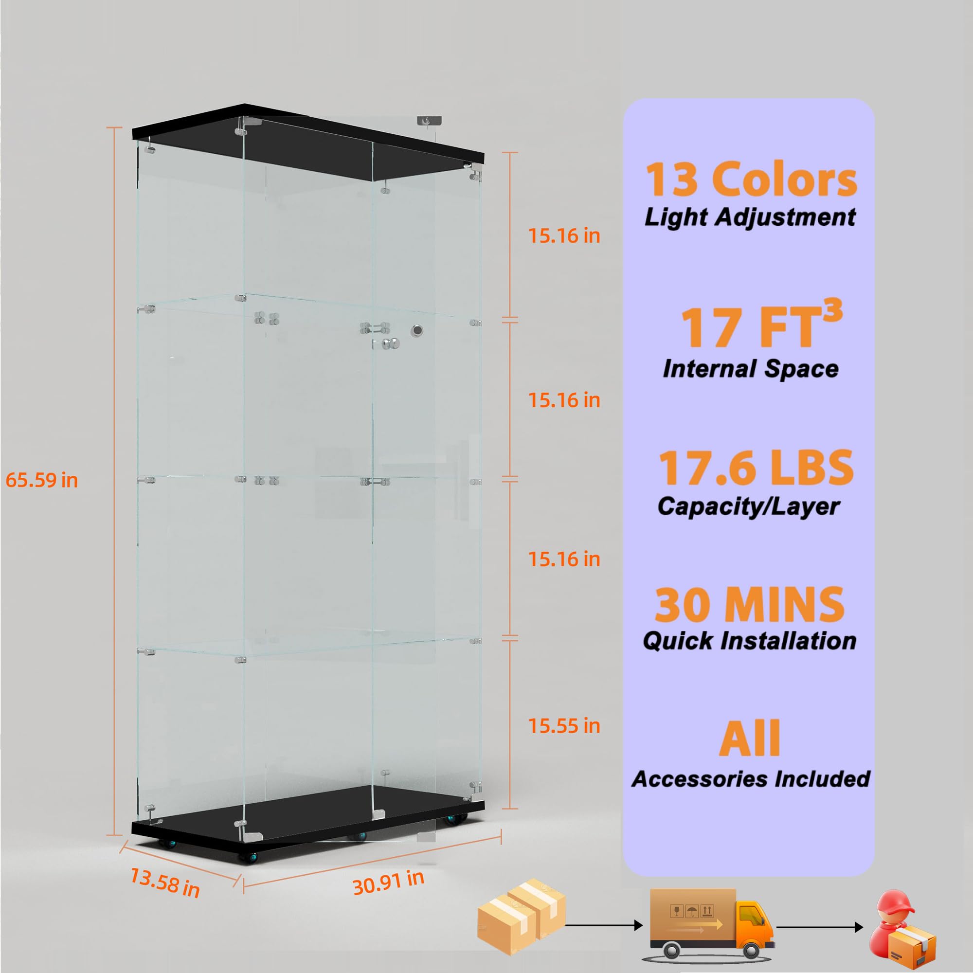 65" Tempered Glass Display Cabinet with LED Lights