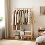 Solid Wood Rolling Clothing Rack with Shelves