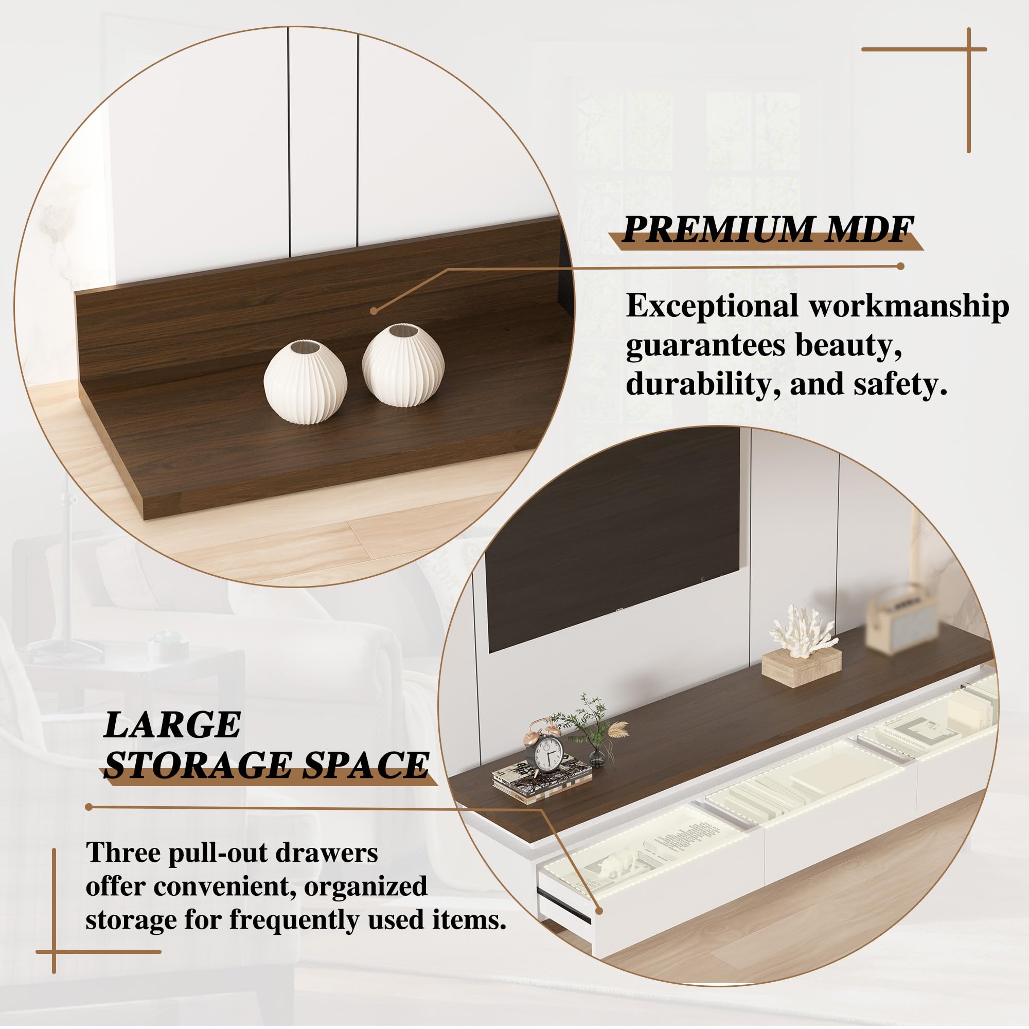 Extendable TV Stand with LED Lights and Storage Drawers