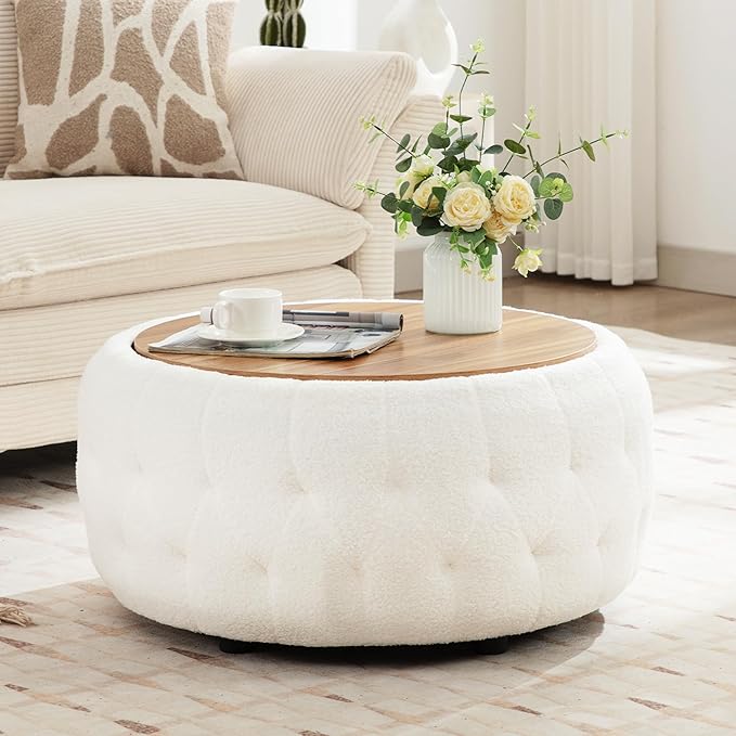 Round Storage Ottoman Coffee Table with Wooden Tabletop