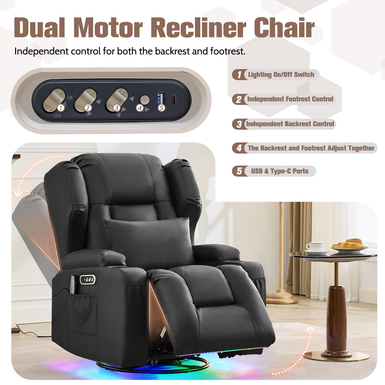 TCGBKAF Swivel Rocker Recliner,Power Recliner Chairs for Adults,240°Swivel Rocking Chair with Massage and Heat,Nursery Glider Recliner with Storage,Cup Holders for Living Room (PU Leather, Black)