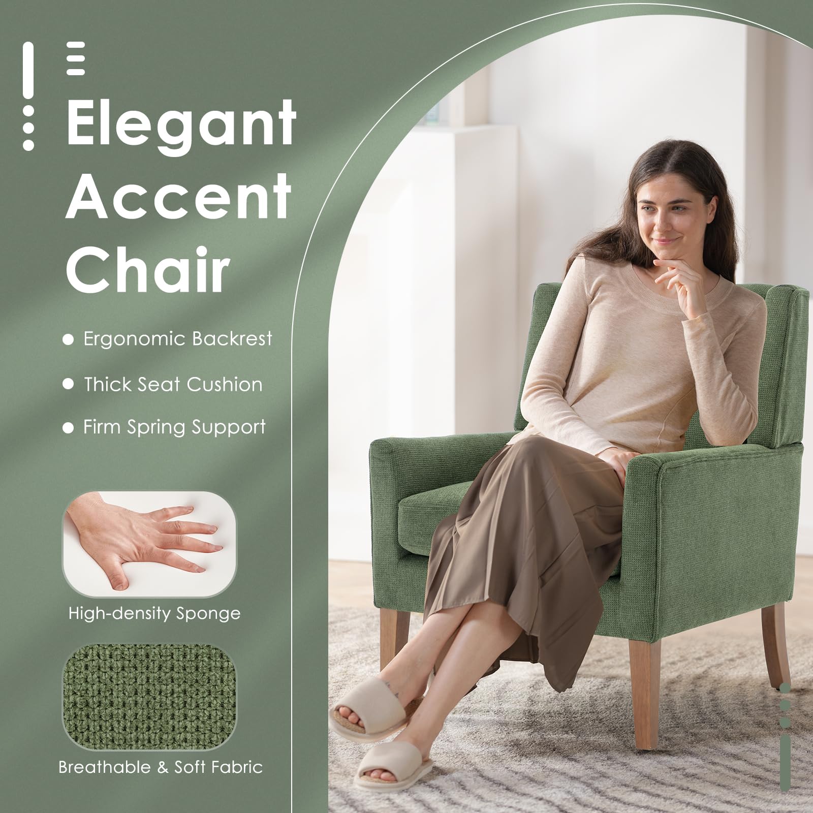 Mid-Century Modern Wingback Accent Chair Set of 2 - Green Chenille Upholstered