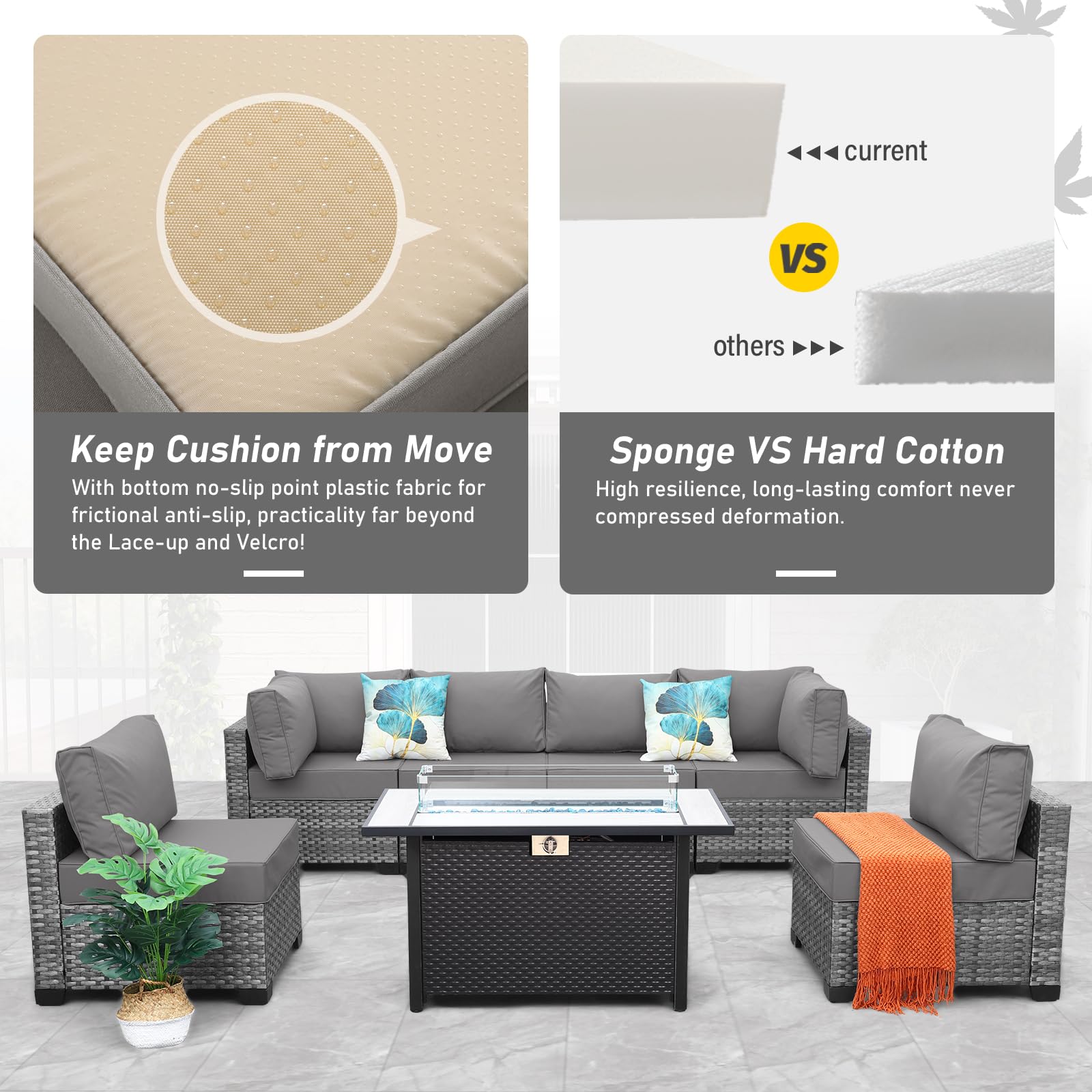 7-Piece Wicker Patio Sectional with Fire Pit