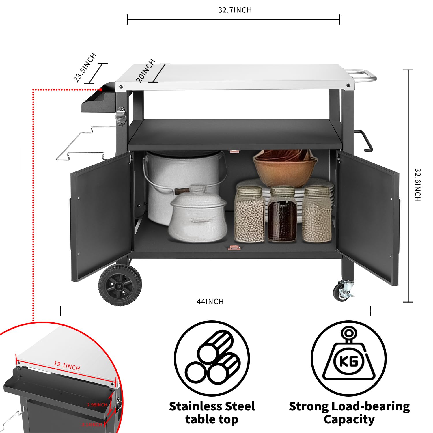 Grill Cart Table with Storage Cabinet