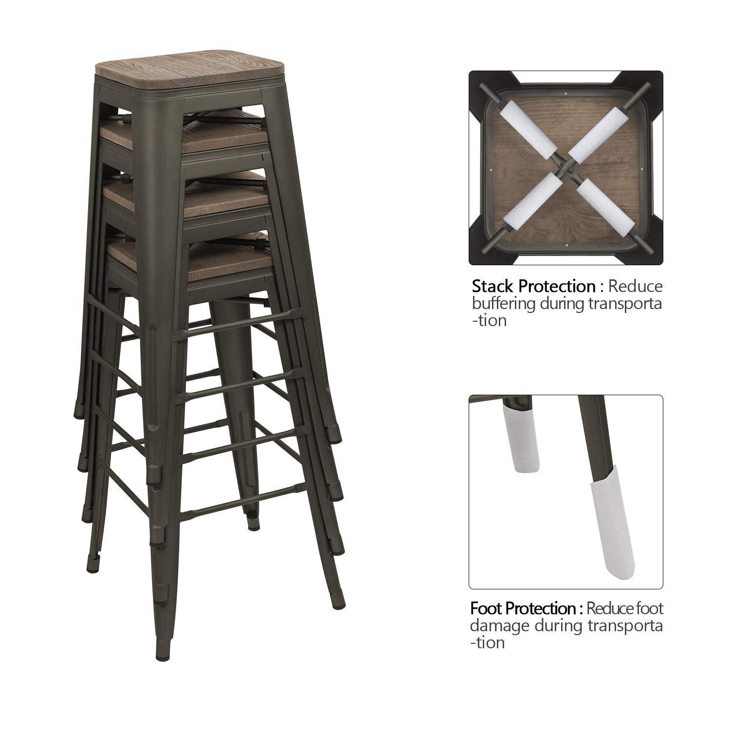 30" Metal Bar Stool Set of 4 - Stackable Industrial Wood Top Barstools