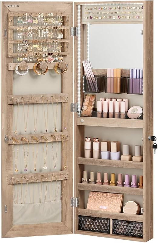 Mirror Jewelry Cabinet Armoire with LED Lighting