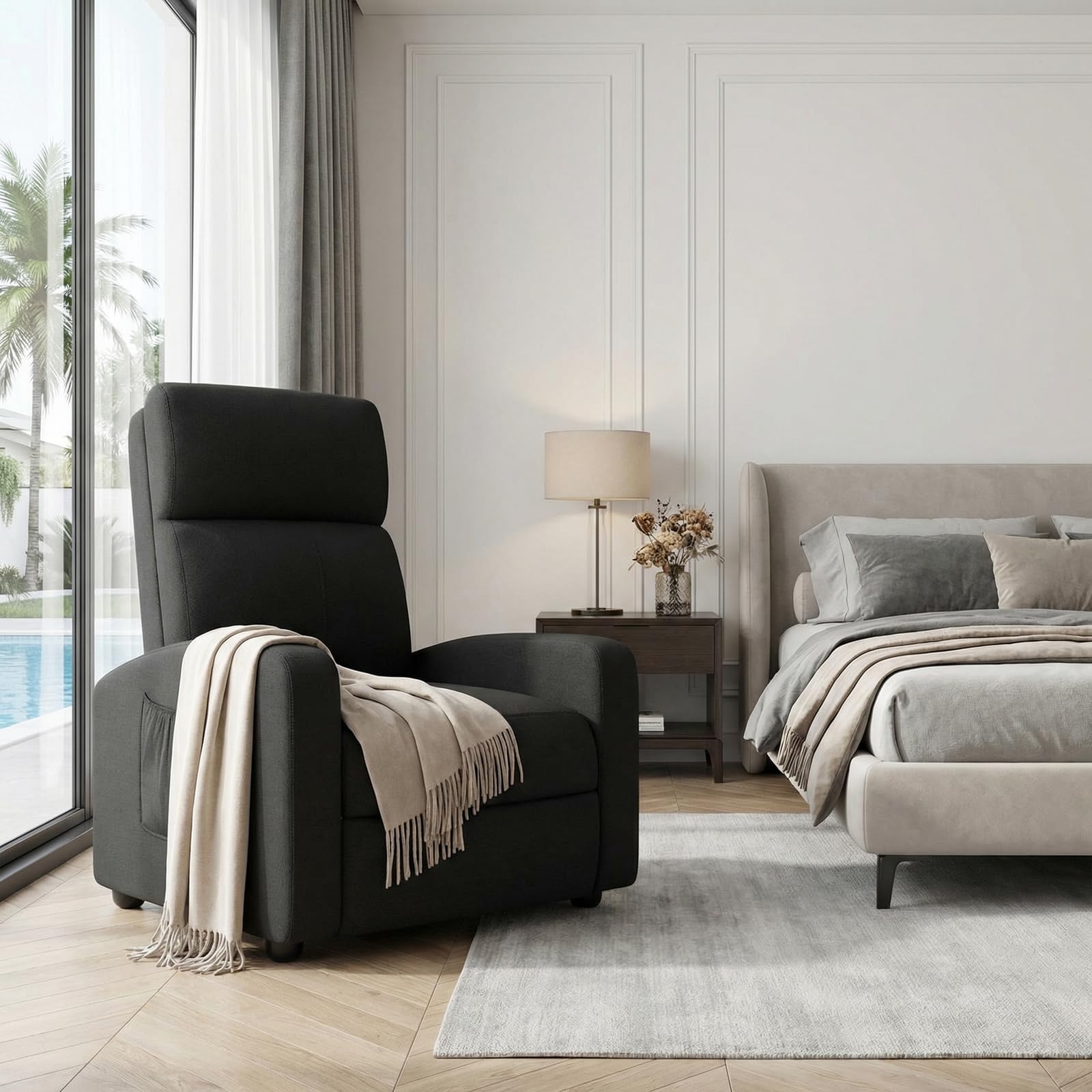 TLSUNNY Fabric Recliner Chair, Single Reclining Sofa with Thicker Seat Cushion and a Side Pocket, Home Theater Seating with Adjustable Backrest and Footrest, for Living Room, Linen (Black)