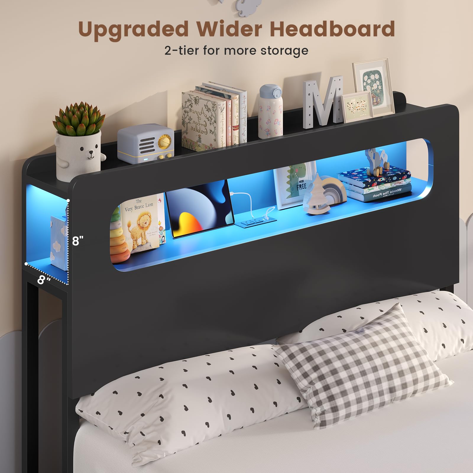 ADORNEVE Twin Bed Frame with 6 Storage Drawers & 2-Tier LED Headboard – Kids Boy Bed with Power Outlets & RGB Lights, 2 Footboard Cubbies– Space-Saving No Box Spring Needed, Black