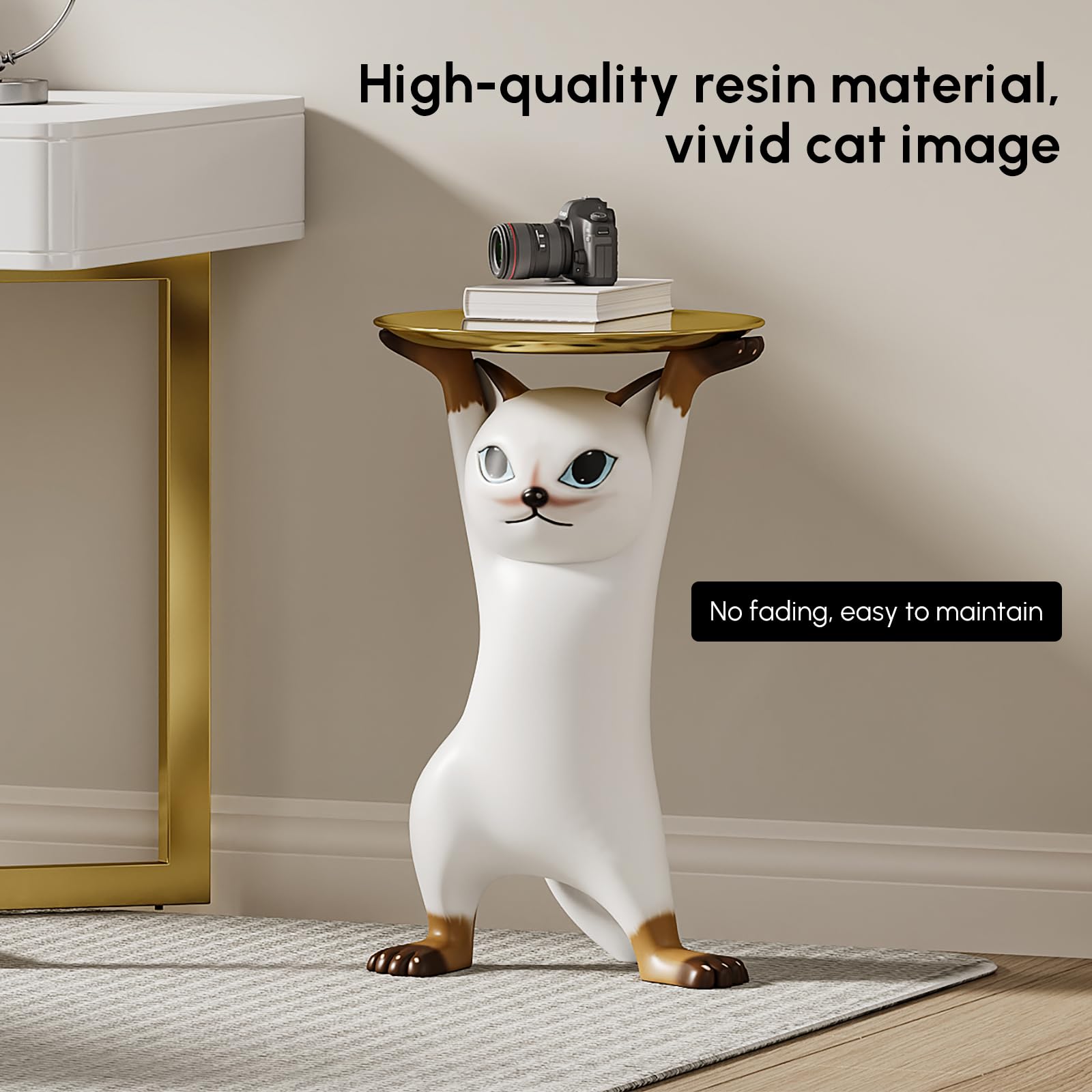 Whimsical Cat Statue Side Table with Gold Tray