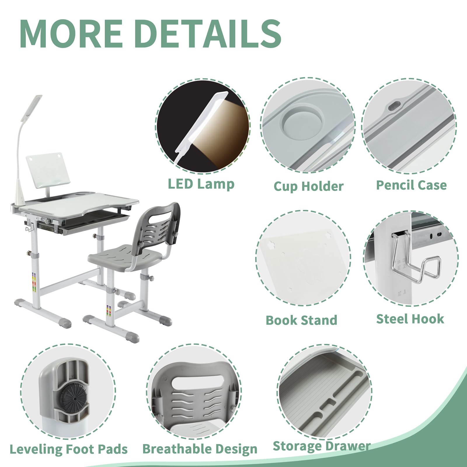 Kids Desk and Chair Set with LED Lamp