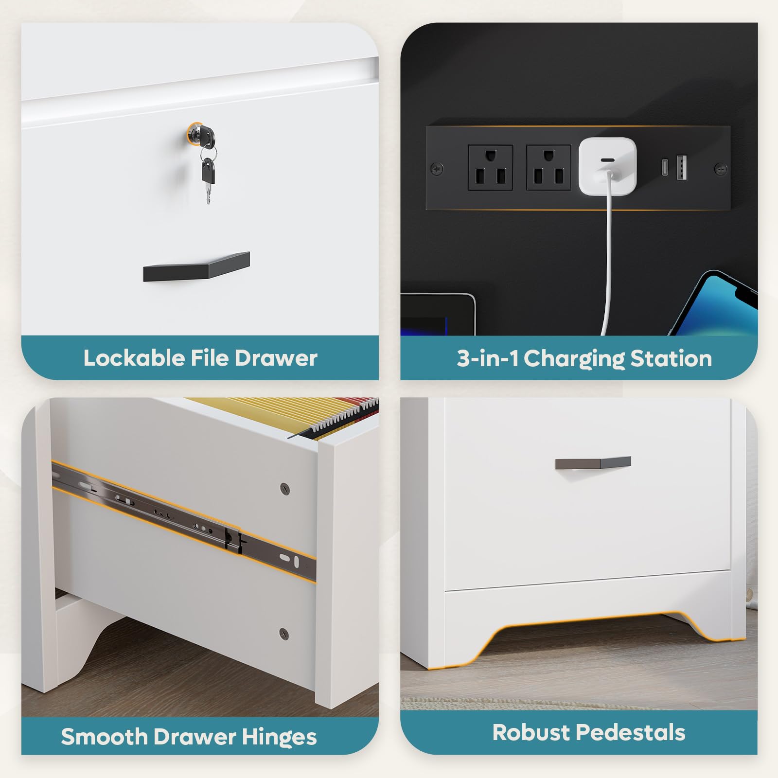 59" Executive Desk with Lockable Drawers and Charging Station