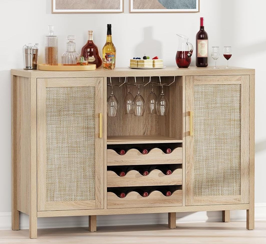Rattan Wine Bar Cabinet with Glass Holder