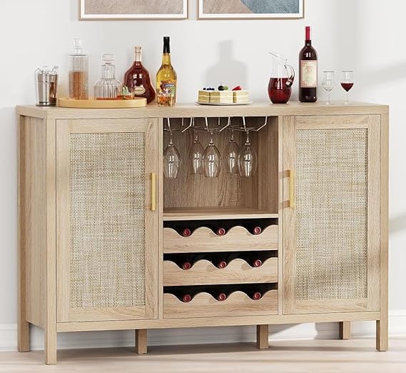 Rattan Wine Bar Cabinet with Glass Holder