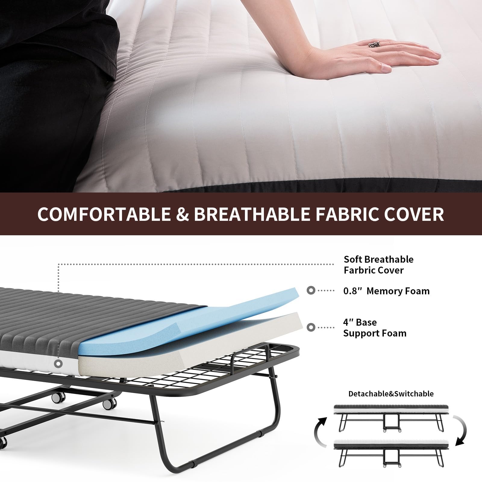 MOLKEI Folding Bed with Memory Foam Mattress, 75" x31" Rollaway Guest Bed for Adults, Space Saving Portable Cot Size Metal Frame Foldable Beds with Mattress