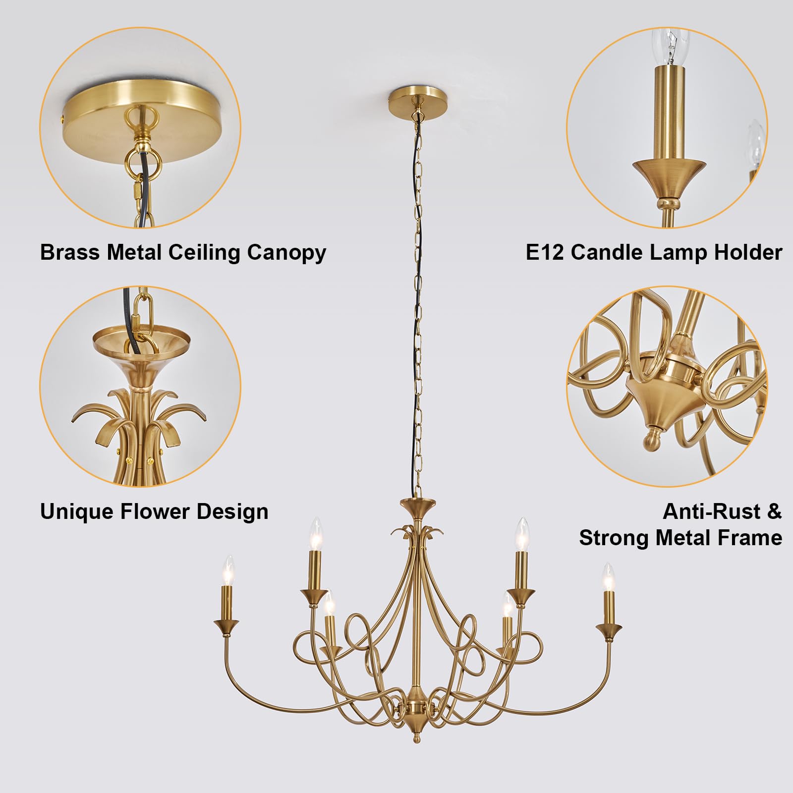 6-Light Modern Chandelier 36.6" Brass Candle Pendant