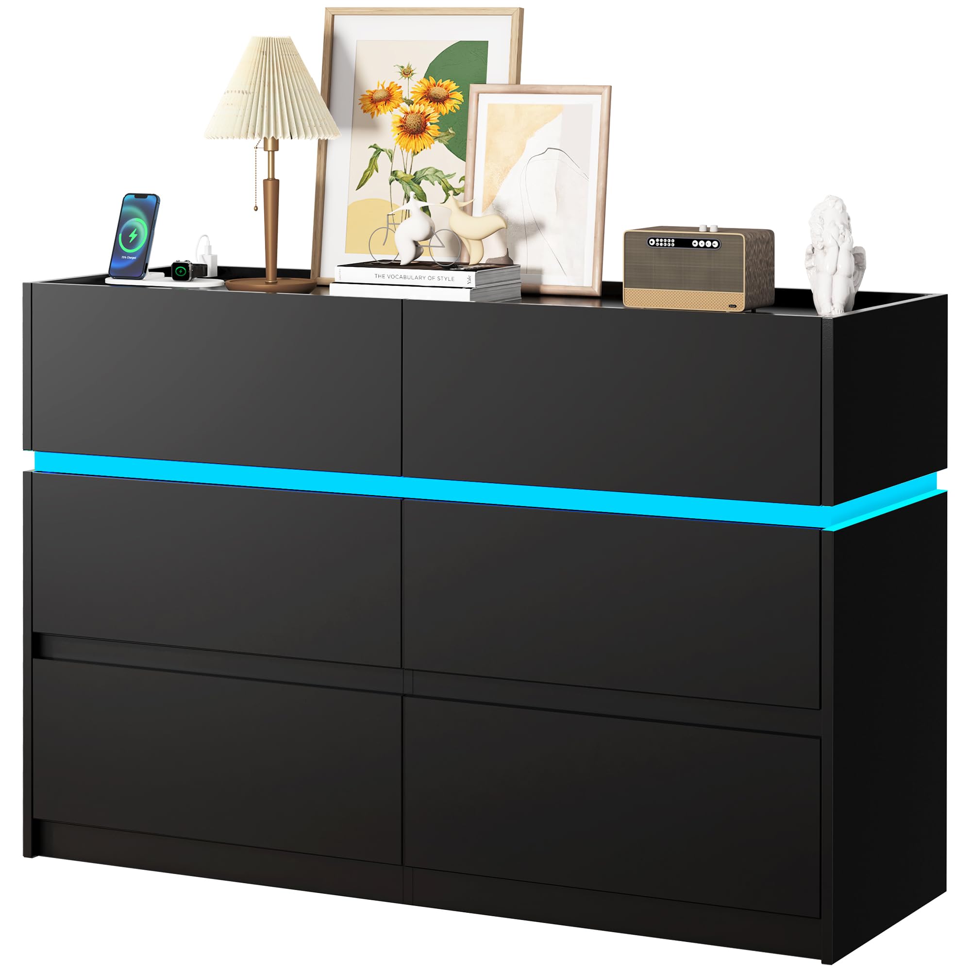6 Drawer Dresser with Charging Station and LED Lights