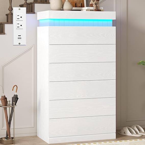 Tall Black 8-Drawer Dresser with LED Light and Power Outlet