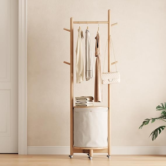 Solid Wood Coat Rack with Fabric Basket and 9 Hooks
