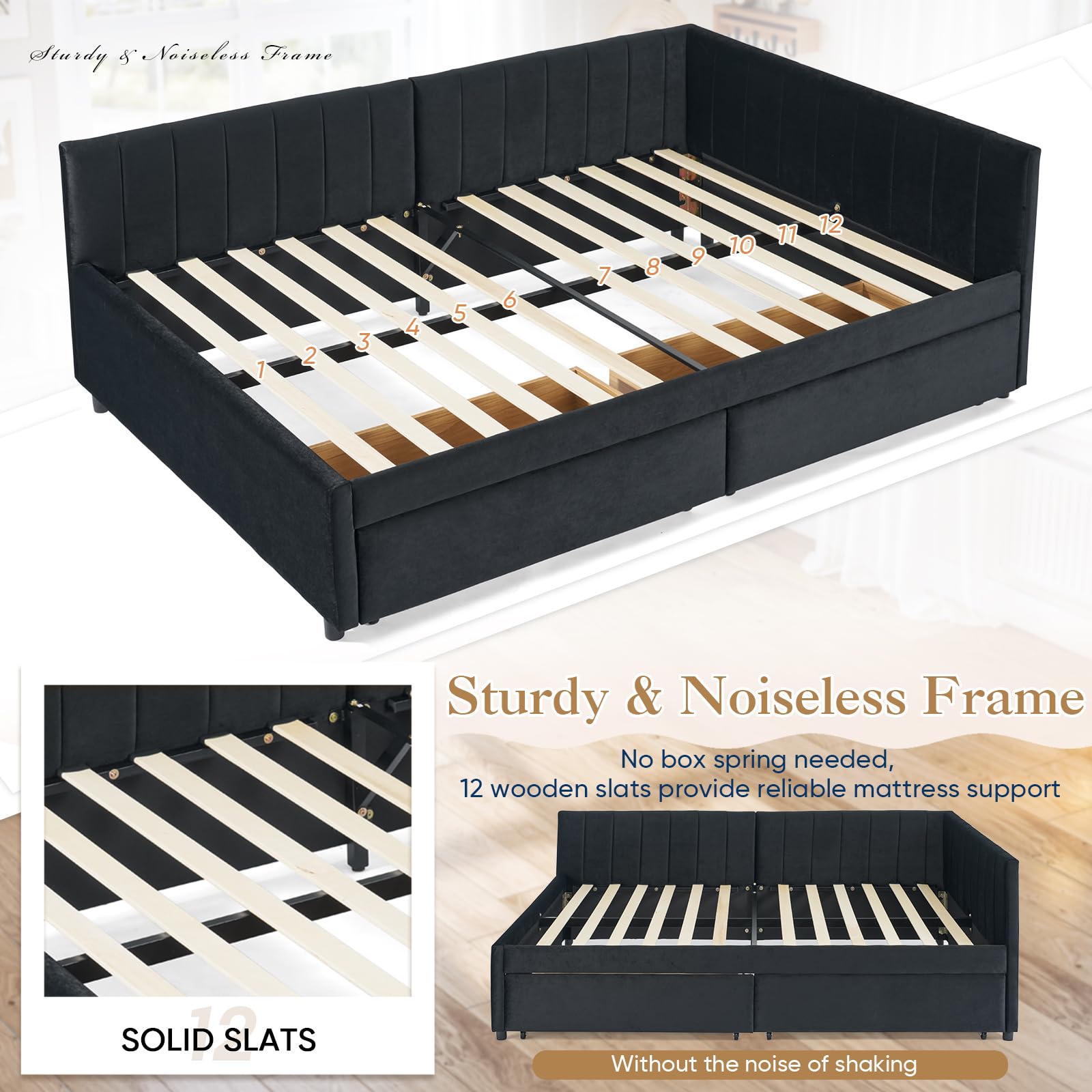 Full Daybed with Storage Drawers and Tufted Velvet Upholstery