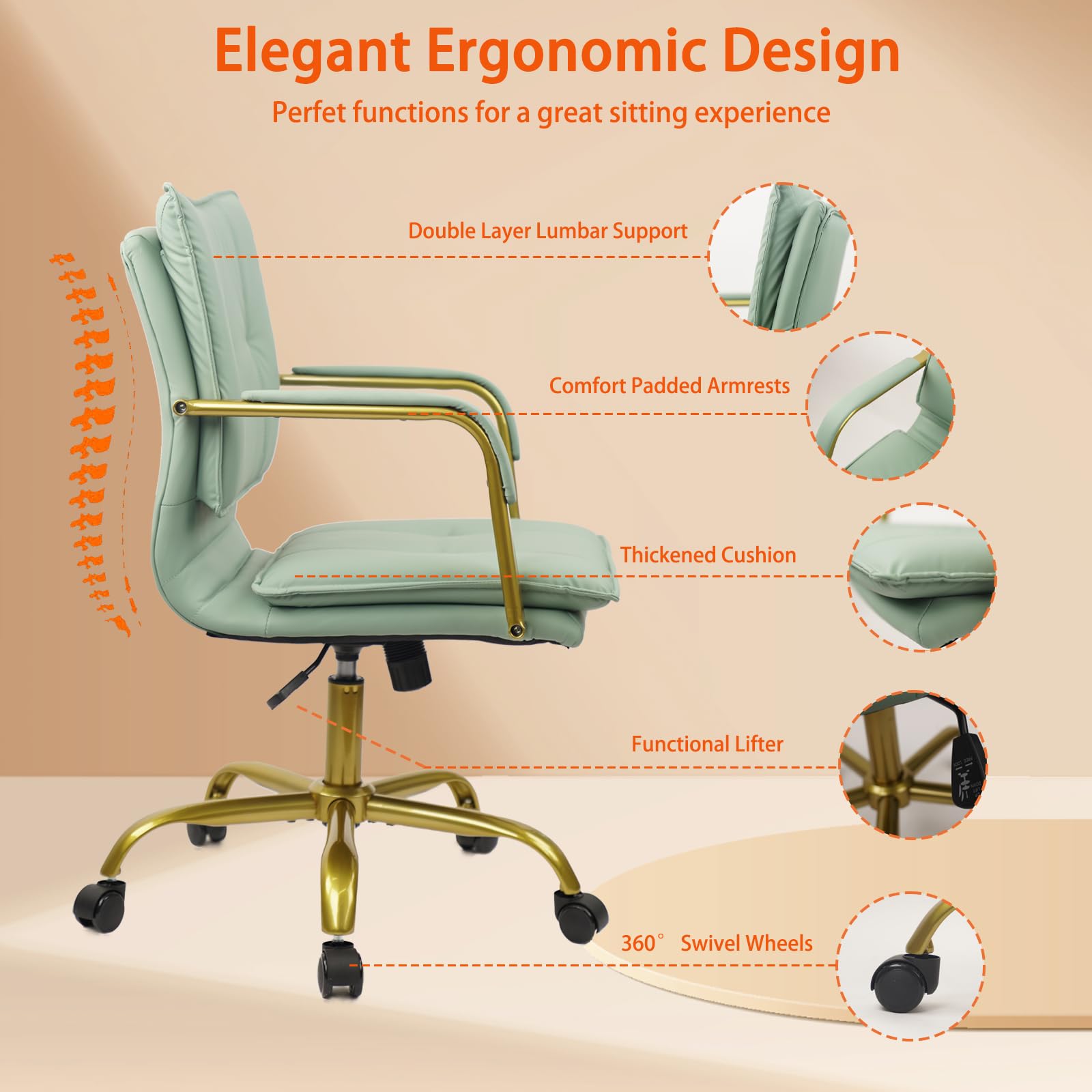 Leather Swivel Mid-Back Computer Chair with Golden Legs