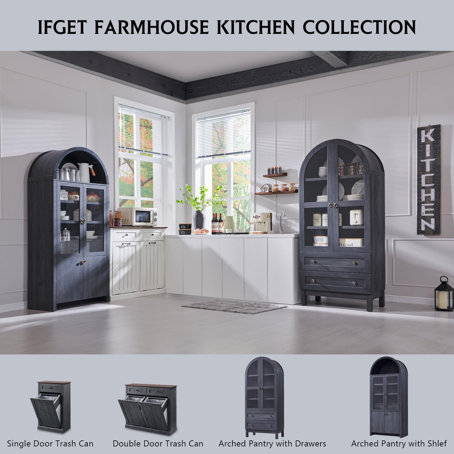 Arched Kitchen Pantry Cabinet with Glass Doors