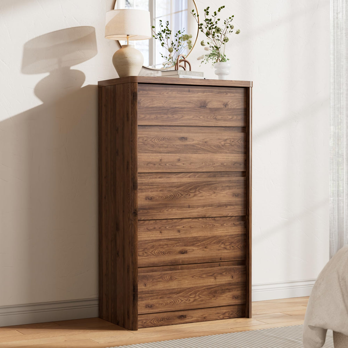 5-Drawer Tall Dresser with Wood Legs – Mid-Century Modern Walnut Chest of Drawers