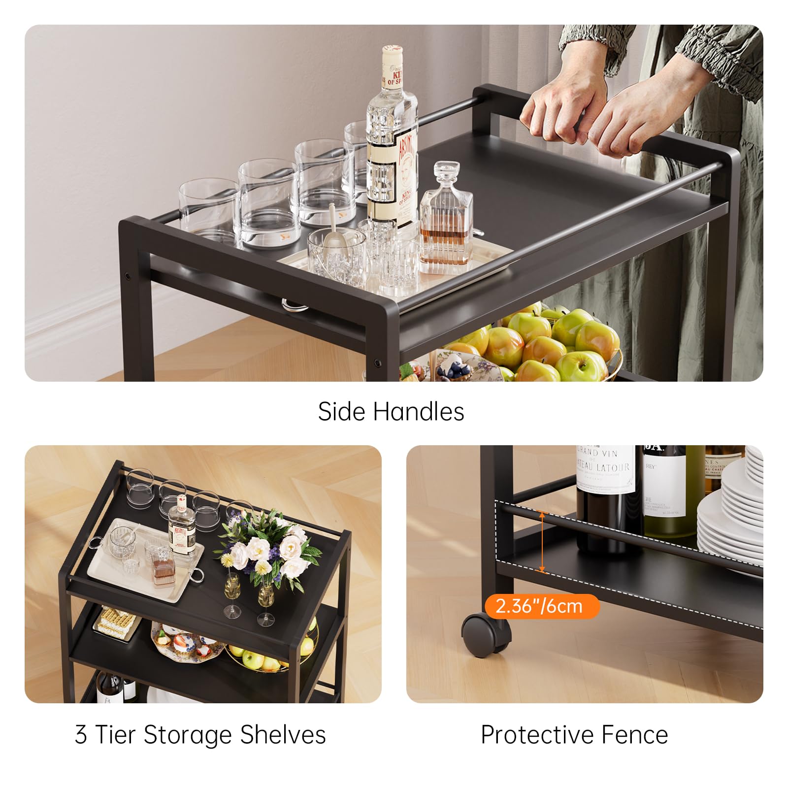 3-Tier Rolling Bar Cart with Wheels