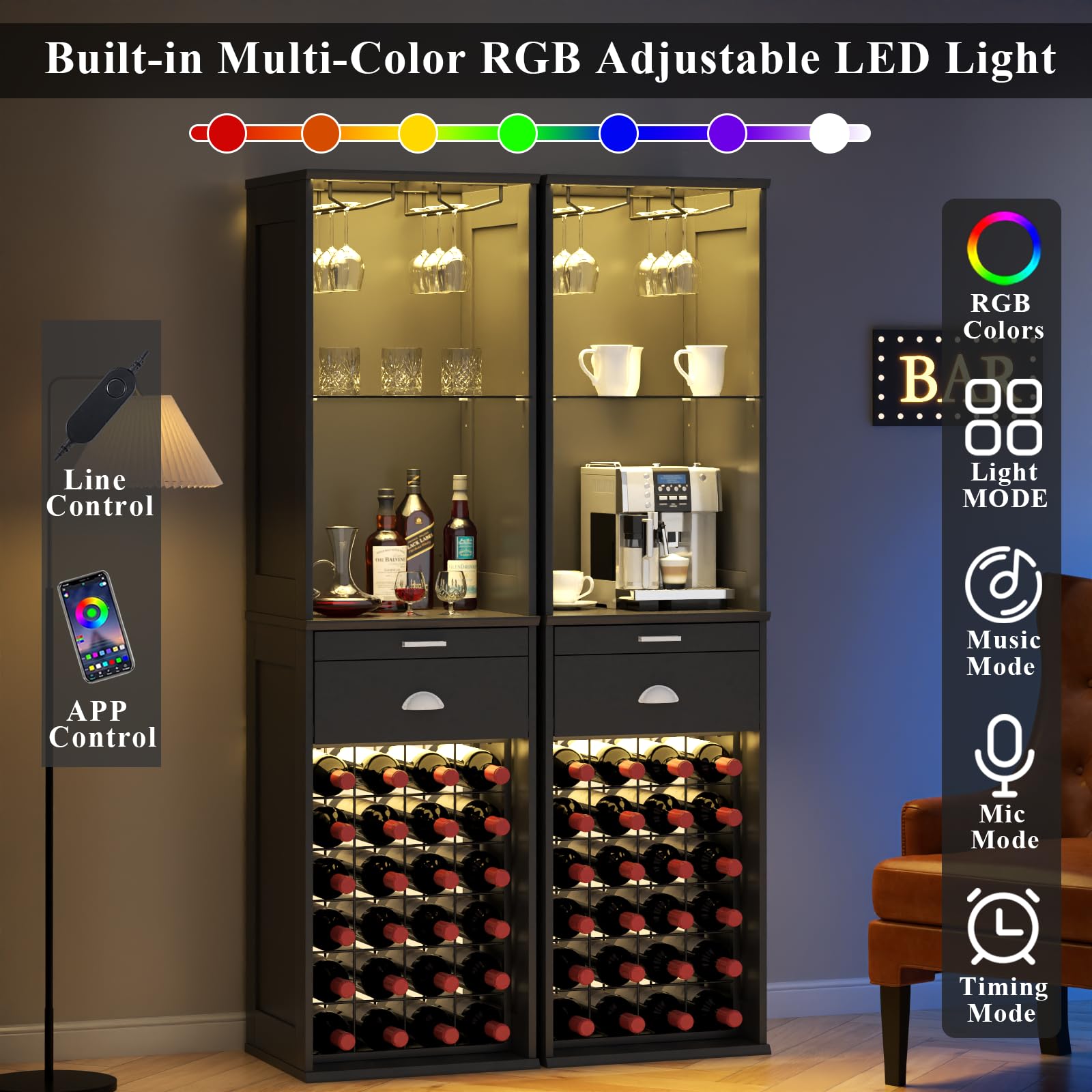 Wine Bar Cabinet with LED Lights 65 Inch Tall