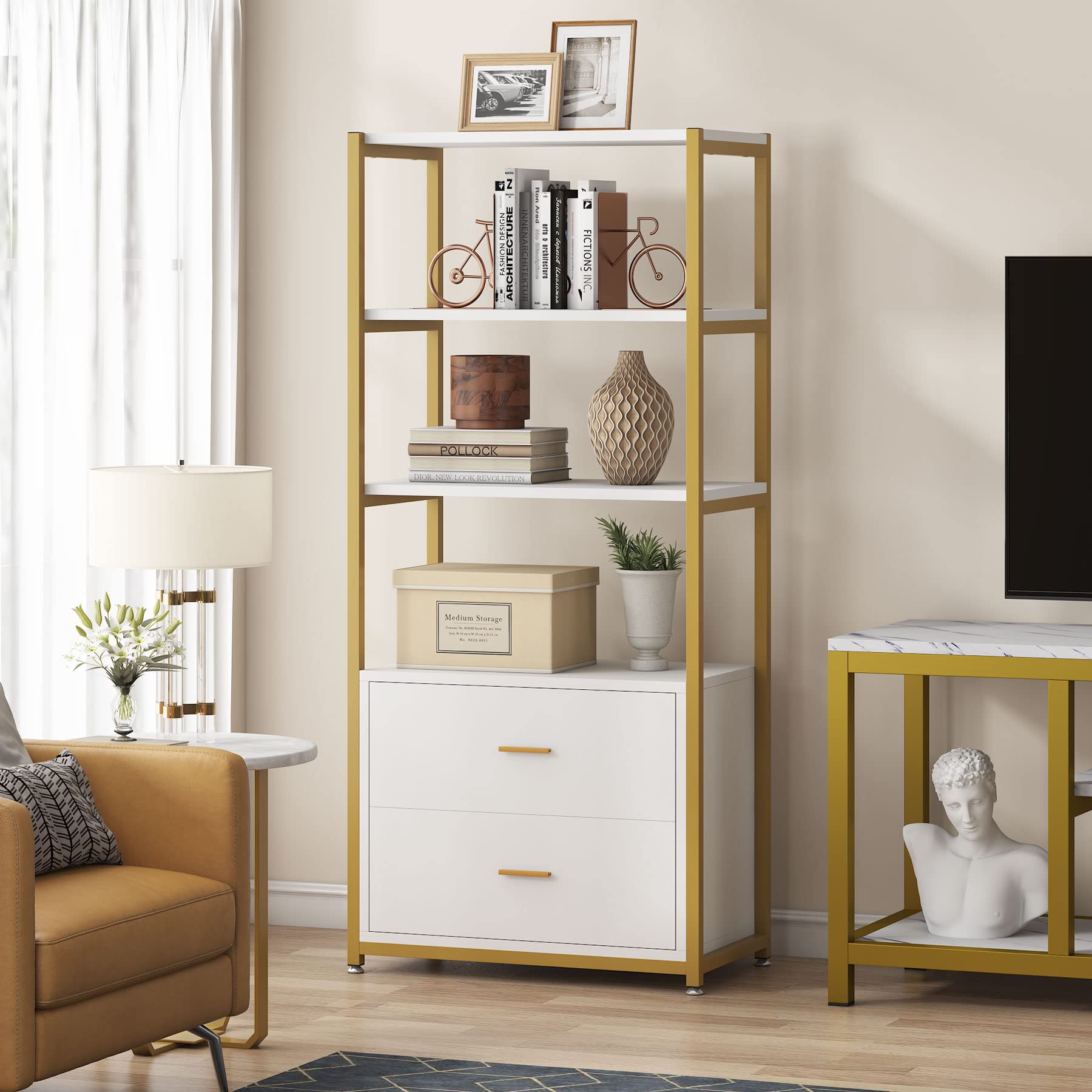 4-Tier Bookshelf with 2 Drawers