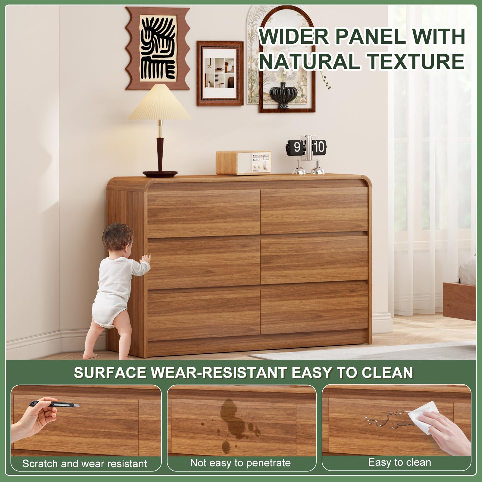 6 Drawer Wood Dresser with Natural Texture