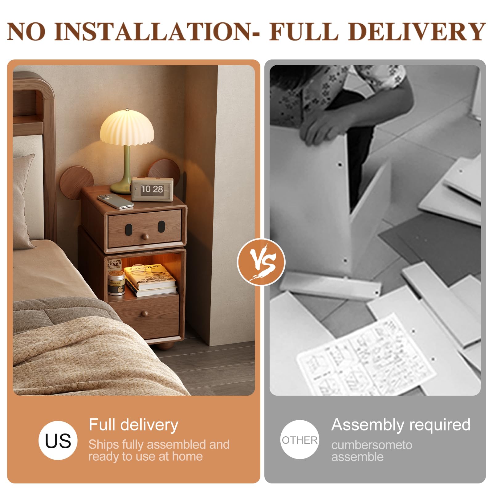 Muwuele Solid Wood Cute Nightstand with 360° Rotating Drawers, Semi-Assembled， Kids Night Stand with LED Lights & 2 Drawers, Modern Fluted Bedside Tables for Bedroom, Living Room（Walnut）